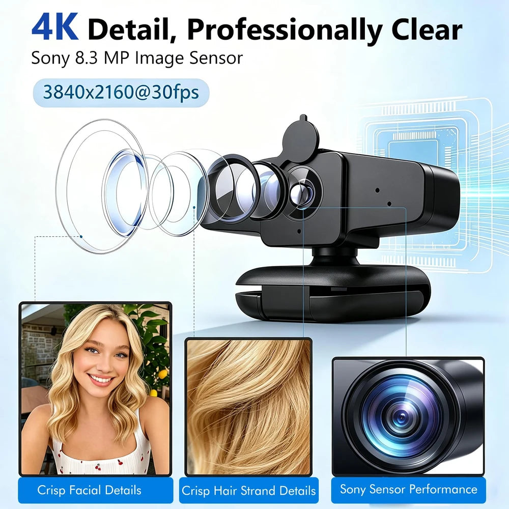 Aerzosty 4K Webcam for PC with Autofocus & Privacy Cover